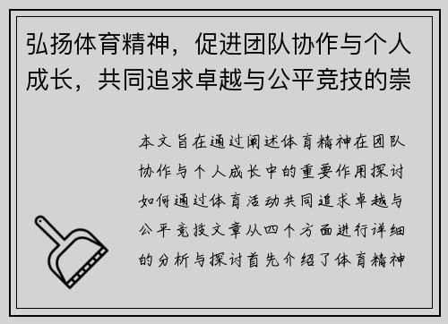 弘扬体育精神，促进团队协作与个人成长，共同追求卓越与公平竞技的崇高目标